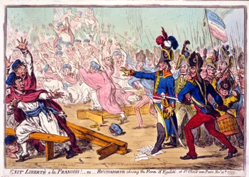 Exit Liberté a la Francois! of Buonaparte sluit de Farce van Egalité, bij St. Cloud nabij Parijs 10 november 1799, uitgegeven 1799